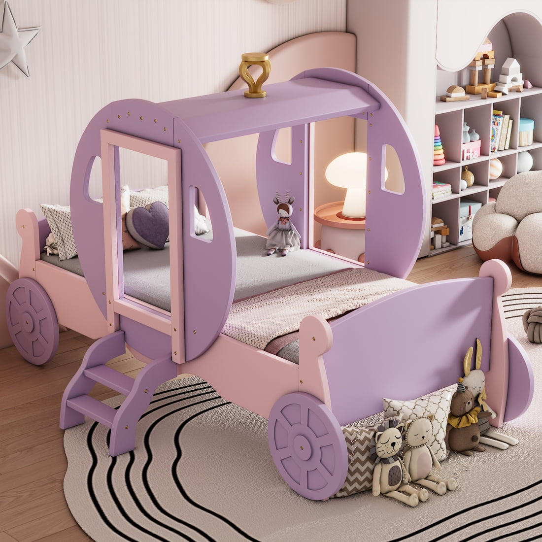 Gzxs Twin Size Princess Bed with Crown, Wood Carriage Shaped Platform