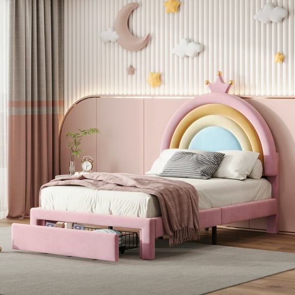 Gzxs Twin Size Velvet Upholstered Princess Platform Bed with Rainbow Designed Headboard and Storage Drawers, Pink