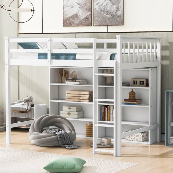Gzxs Twin Size Wooden Loft Bed with Full-Length Guardrail and Built-in Ladder, 4-Tier Open Bookcase Storage Shelf, White