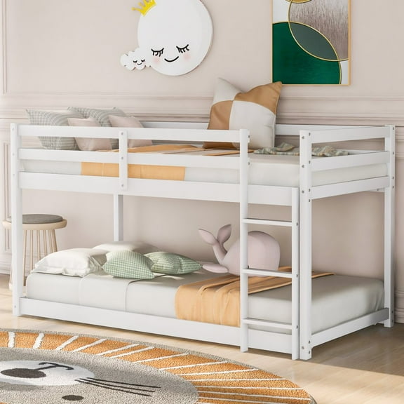 Gzxs Twin over Twin Size Wooden Bunk Bed with Ladder and Guardrail, White