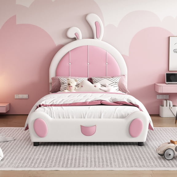 Gzxs Upholstered Platform Bed, Twin Size Modern Cute PU Leather Bed Frame with Rabbit Shaped Headboard and Sturdy Wooden Slat Support, White+Pink