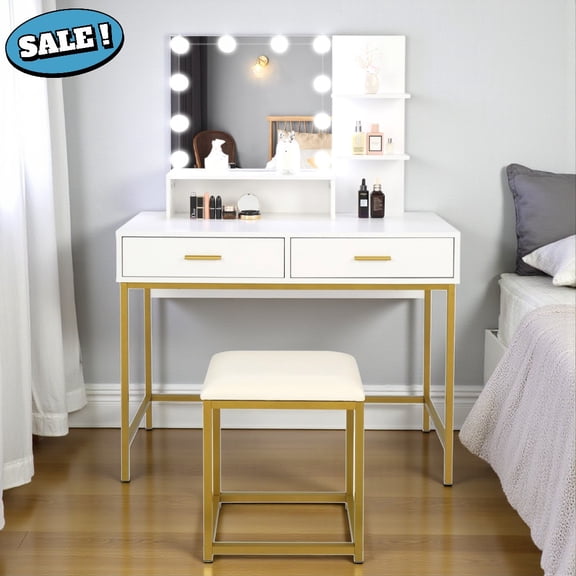 Gzxs Vanity Set with Lighted Mirror, Modern Makeup Vanity Desk Dressing Table with LED Lights, 2 Drawers, Storage Shelves and Cushioned Stool, White