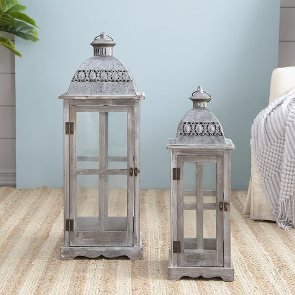 Gzxs Vintage Farmhouse Lanterns Set of 2, 28" & 22"H Gray Wooden Lanterns with Metal Roof and Glass Shade, Decorative for Indoor Outdoor,Home,Patio,Parties (No Candles)