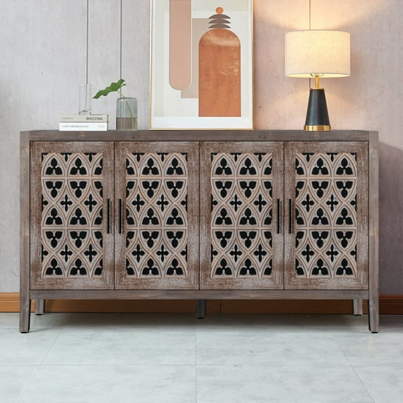 Gzxs Vintage Sideboard, 59.8" Long Storage Wooden Buffet Cupboard Cabinet with Hollow Design Carved Doors for Entryway Dining Room Living Room, Antique Brown