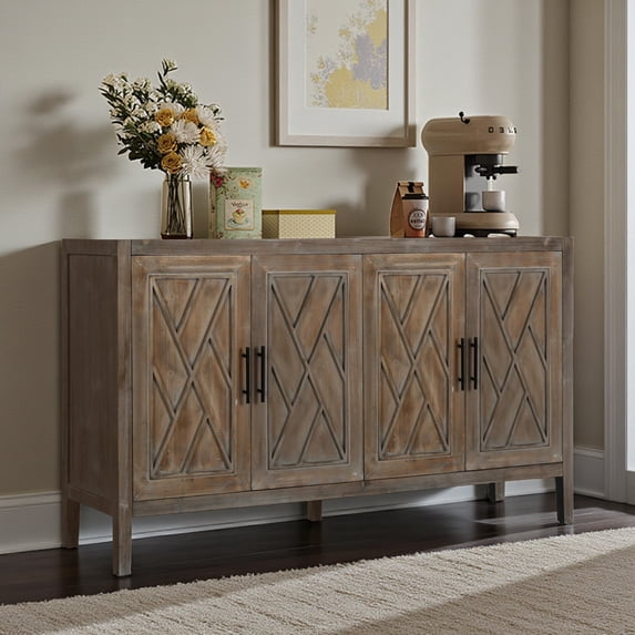 Gzxs Vintage Sideboard, Accent Storage Side Cabinet with 4 Decorated Doors, Dining Room Freestanding Kitchen Buffet Cupboard, Retro Old Style (Antique Brown)