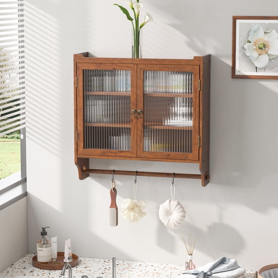 Gzxs Vintage Wall Cabinet w/ Fluted Glass Doors, 3-Tier Medicine Cabinet with Towel Rack, Wall Mounted Wooden Storage Organizer Cabinet for Bathroom Kitchen Entryway, Brown