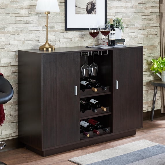 Gzxs Vintage Wine Bar Cabinet w/2 Door, Kitchen Coffee Bar Station w/ Wine & Glass Rack, Adjustable Shelves, Rustic Buffet Sideboard for Dining Room, 47"L x 16"W x 35"H, Espresso