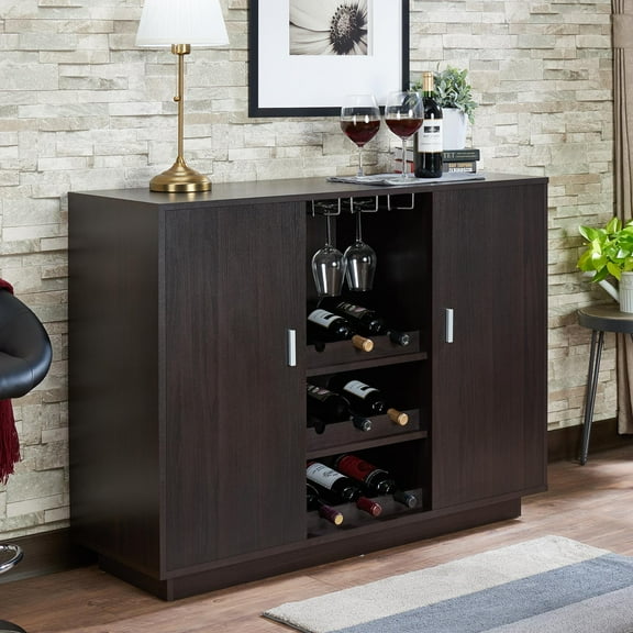 Gzxs Vintage Wine Bar Cabinet w/2 Door, Kitchen Coffee Bar Station w/ Wine & Glass Rack, Adjustable Shelves, Rustic Buffet Sideboard for Dining Room, 47"L x 16"W x 35"H, Espresso