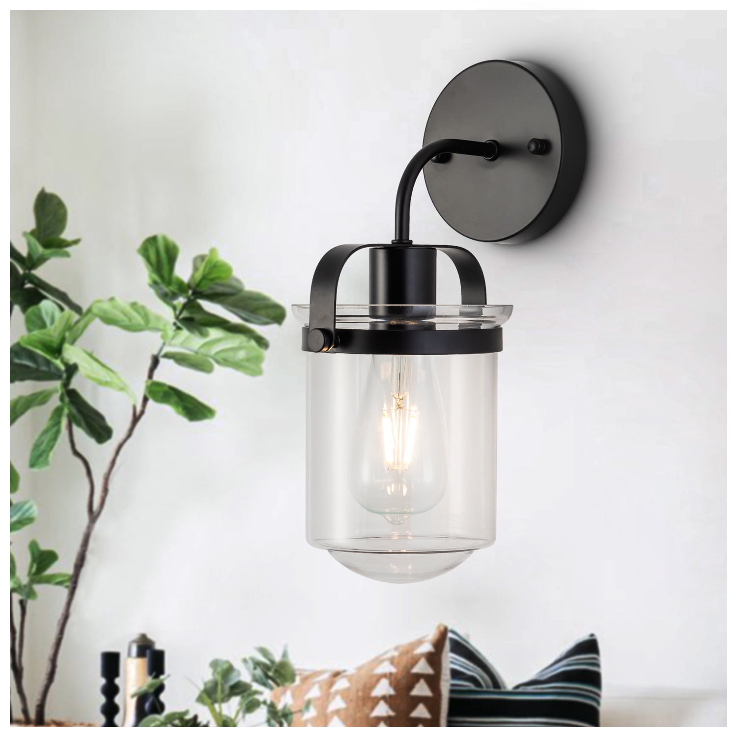 Gzxs Wall Lighting, 1 Light Matte Black Bathroom Light Fixtures, Metal Vanity Light with Clear Glass Shade, Vintage Industrial Wall Lamp for Indoor Mirror, Living Room, Hallway (Bulbs Not Included)