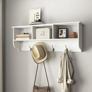 Gzxs Wall Mounted Coat Rack with 4 Dual Hooks Entryway Wood Storage Shelf, White