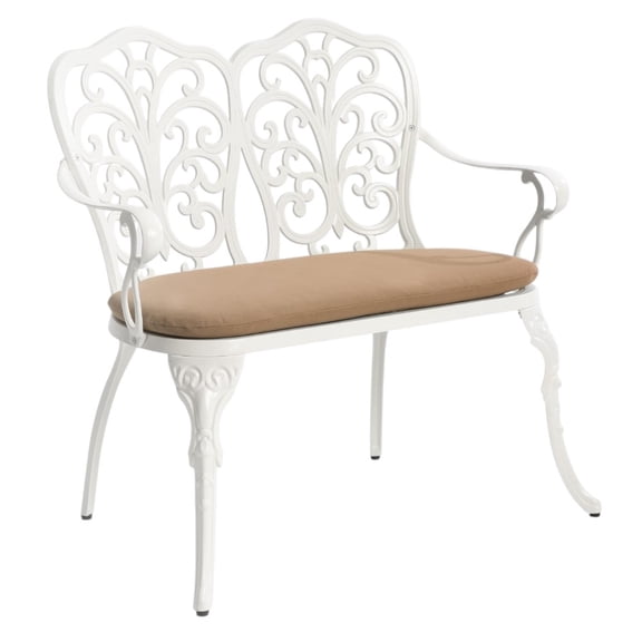 Gzxs White Cast Aluminum Outdoor Bench with Seat Cushion, 34.6" Garden Benches w/ Rose-Floral Design, Metal Frame Patio Bench for Backyard, Lawn, Deck, Porch, Park