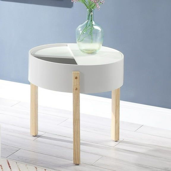 Gzxs White Round Side Table, 20" Small End Table with Hidden Storage and 3 Natural Finish Wood Straight-Square Legs, for Bedroom Living Room