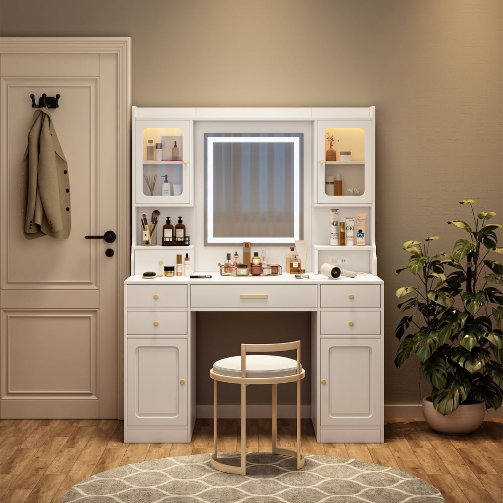 White MDF Vanity Desk with LED Mirror, Gold Handles, 6 Drawers and Shelves