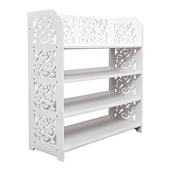Gzxs White Wood Plastic Shoe Cabinet 4-Tiers Carved Shoe Rack Chic Hollow Shoe Tower Baroque Free Standing Shoes Storage Organizer Closet Shelves Holder Container (23.43 x 9.45 x 25.98)