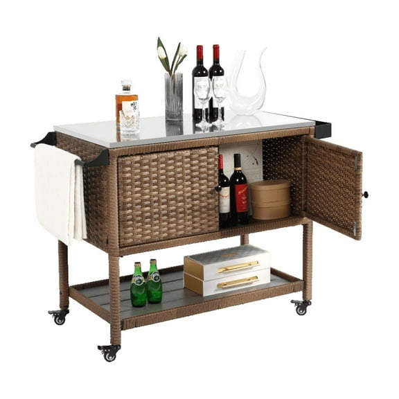 Gzxs Wicker Bar Cart with Stainless Steel Top, Rolling Rattan Beverage Cart with Storage, Towel Bar & Wheels, Outdoor Patio Kitchen Island Wine Serving Table for Garden, Backyard, or Poolside, Brown