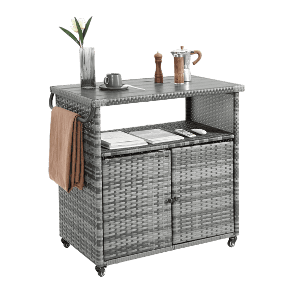 Gzxs Wicker Outdoor Bar Cart - Gray Rattan Patio Console Storage Table Buffet Sideboard Beverage Serving Cart on Wheels for Outside Backyard - 35.2"L x 20.6"W x 34.2"H