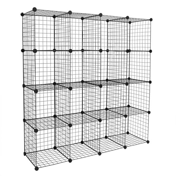 Gzxs Wire Cube Storage Organizer, 16-Cube Metal Storage Shelves Bookshelf, Stackable Modular Closet Organizer for Bedroom Living Room, Office,Storage Shelves, Black