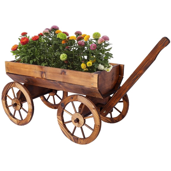 Gzxs Wood Wagon Planter for Patio Balcony Yard- Garden Rustic Wooden Elevated Flowerpot Stand Cart with Wheels - Indoor/Outdoor Decorative Planter Bed - Brown