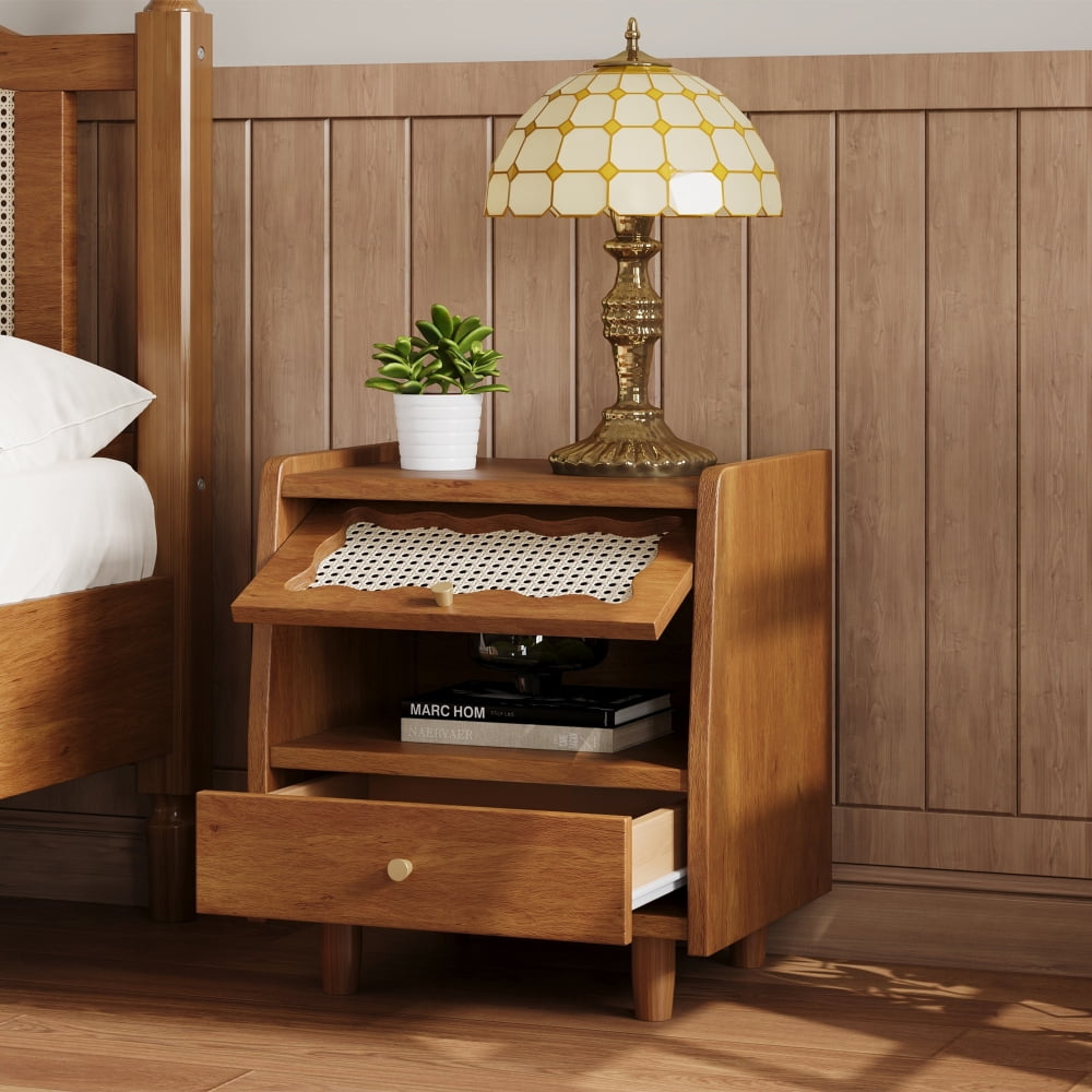 Walnut Wooden Nightstand with Rattan-Woven Flip-Top Cabinet and Drawer