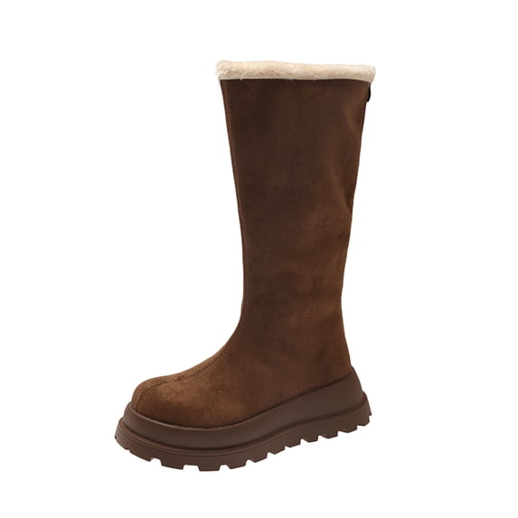 H-222 Coffee Women Suede Thick Sole Low Heel Boots Winter Fall Comfortable Warm Fur Lined Mid Calf Boots For Ladies