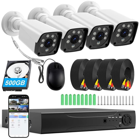 H.265+ Wired Security Camera DVR Kit System with AI Human Vehicle Detection, 4X 1920P 5MP IP67 Metallic Indoor/Outdoor Cameras IR Night Vision, 4K NVR 500GB HDD Included for 24/7 Recording