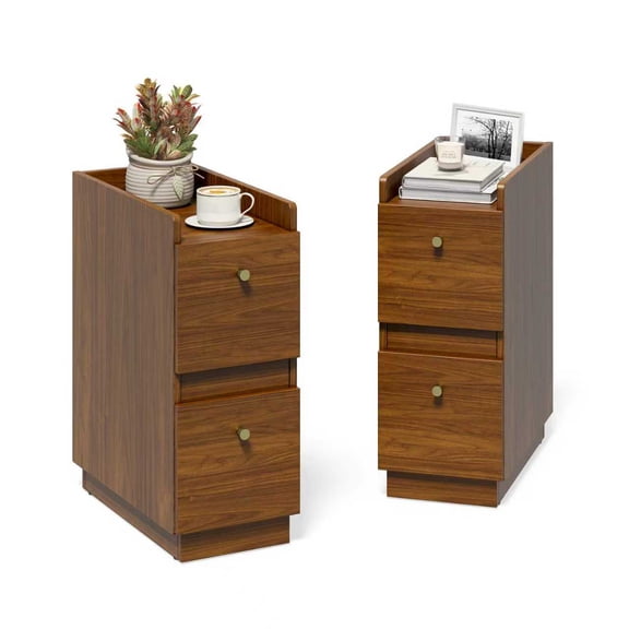 H&3L Modern Narrow Nightstand Set of 2, Wooden Slim Bedside Table with 2 Drawers, Stackable Side Table for Small Spaces, walnut