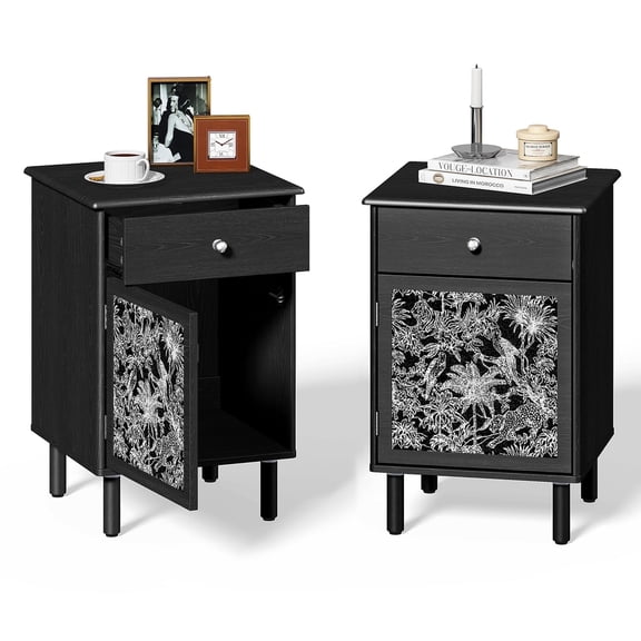 H&3L Night Stand, French MCM Black Nightstand Set of 2, Wooden Bedside Table with Drawer and Vintage Jacquard Door, Wood Side Table with Storage for Living Room, Bedroom, 16"x16"x24"