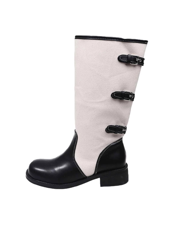 H-546 Black Women High Top Boots Flat Bottom British Style Thick Heel Midsole Color Knight Fashionable Casual Winter For Women