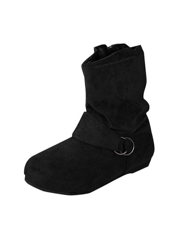 H-60 Black Ladies Winter Booties Round Toe Side Zipper Flat Sole Suede Ankle Boots Solid Fashion Trend