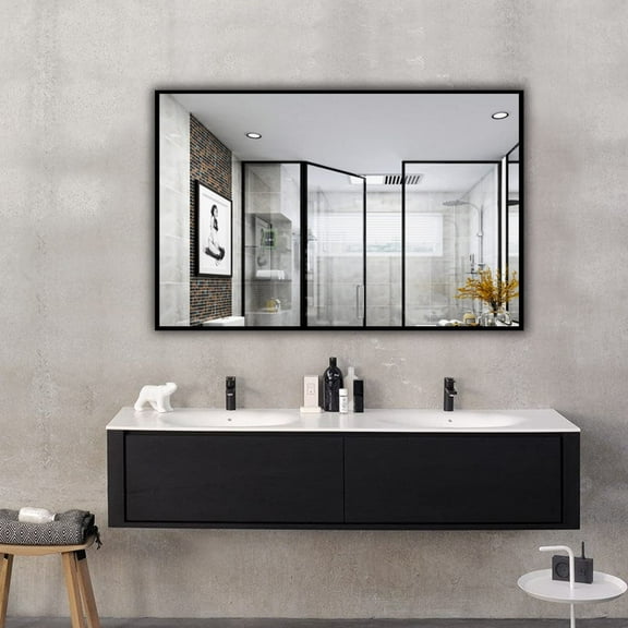 H-A 40"x24" Bathroom Wall Mounted Mirror Decorative Vanity Mirror for Bedroom Hanging Vertical or Horizontal (Black Thin Frame)