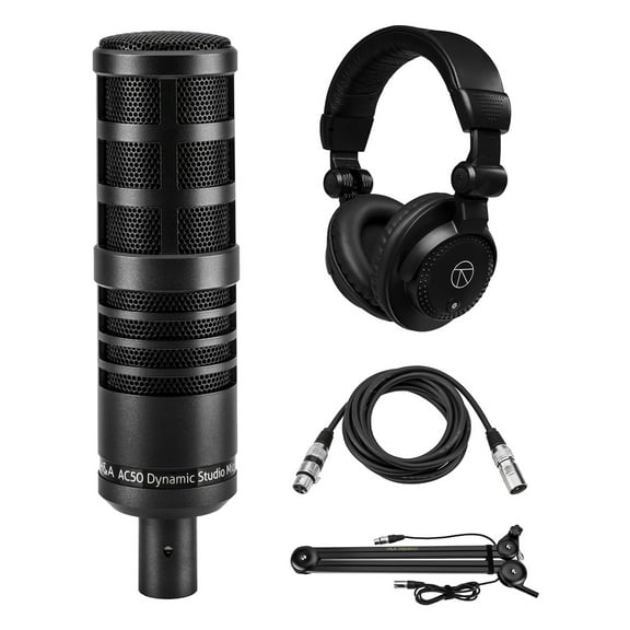 H&A AC50 Cardioid Dynamic Studio Broadcast Microphone, Bundle with Closed-Back Studio Headphones, H&A Broadcast Arm with Springs, 10-Foot XLR M to F Mic Cable