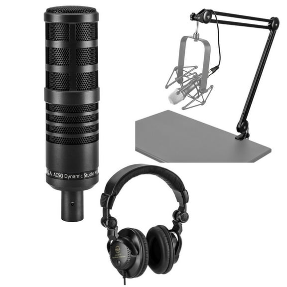 H&A AC50 Cardioid Dynamic Studio Broadcast Microphone Bundle with Studio Monitor Headphones, Broadcast Arm with Springs and XLR Cable