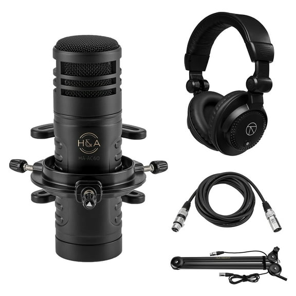 H&A AC60 Hypercardioid Dynamic Studio Broadcast Microphone, Bundle with Closed-Back Headphones, Broadcast Arm with Springs, 10-Foot XLR M to F Mic Cable