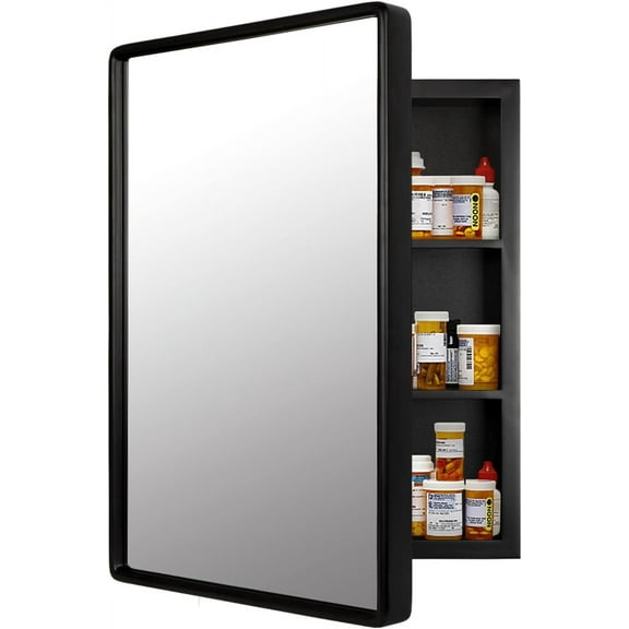 H-A Medicine Cabinets Mirror 24" x 16", Black Recessed or Wall Mounted Cabinet Mirror with Storage Shelves, Modern Medicine Cabinet Mirror