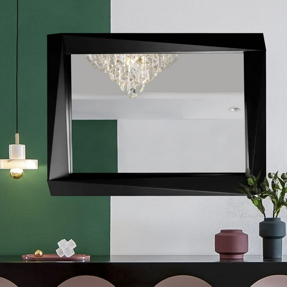 H-A Stereo Wooden Frame Wall Mirror Rustic Wood Vanity Mirror for Bedroom Hanging Vertical or Horizontal (Black)