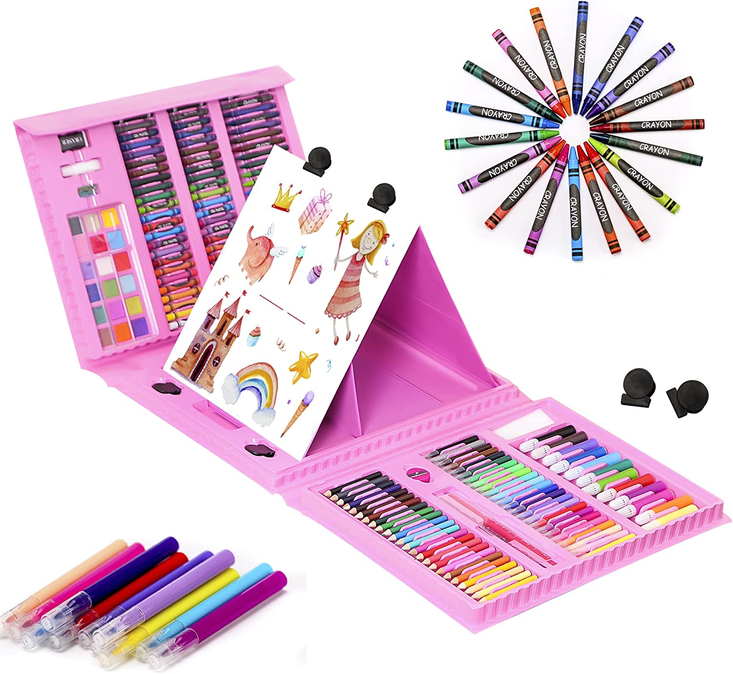 H & B 208-Piece Drawing kit for Kids, Deluxe Artist Set,Double Sided  Trifold Easel Art Set with Oil Pastels, Crayons, Colored Pencils, Markers,  Great