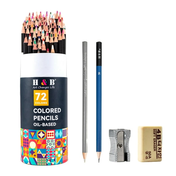 H&B 72 Oil Based Colored Pencils Pre Sharpened Ideal for Sketching and Drawing, Students and Artists