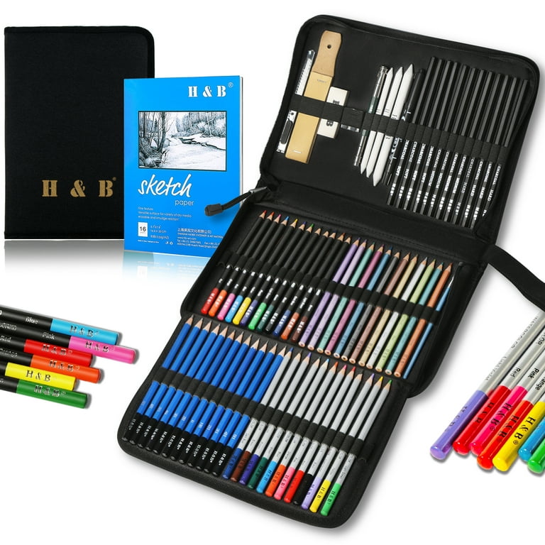 H & B 72-Piece Professional Art Pencil Supply Set, Sketchbook Sketch Kit, Watercolor, Graphite, Metal, Charcoal Pencil Artist Beginner Adult Teen