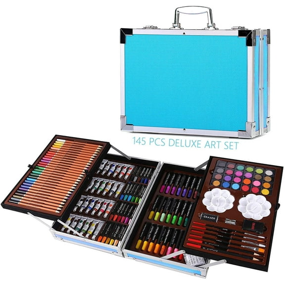 H & B Deluxe Art Set 145-Piece 2 Layers, Child Art Supplies for Drawing, Painting, Portable Aluminum Case Art Kit for Kids, Teens, Adults Great Gift for Beginner and Serious Artists