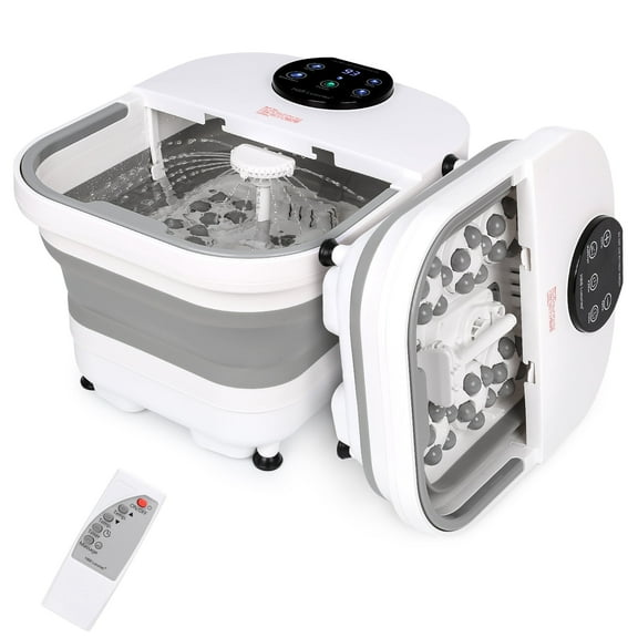 H&B Luxuries Collapsible Foot Spa Massager with Heat, 6 Rollers, LED Display & Remote Control for Stress Relief, Grey