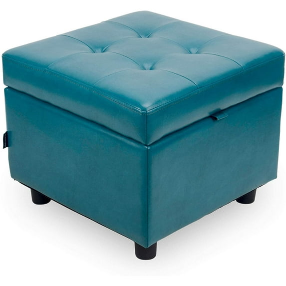 H&B Luxuries Tufted Leather Square Flip Top Storage Ottoman Cube Foot Rest (Blue with Storage)