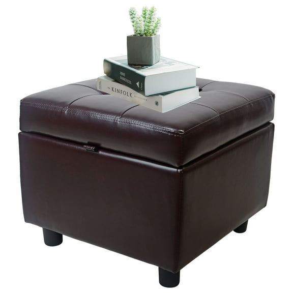 H&B Luxuries Tufted Leather Square Flip Top Storage Ottoman Cube Foot Rest (Brown with Storage)