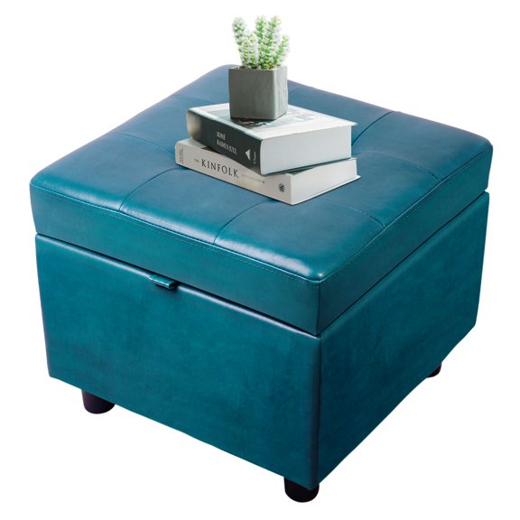 H&B Luxuries Tufted Leather Square Flip Top Storage Ottoman Cube Foot Rest (Green with Storage)