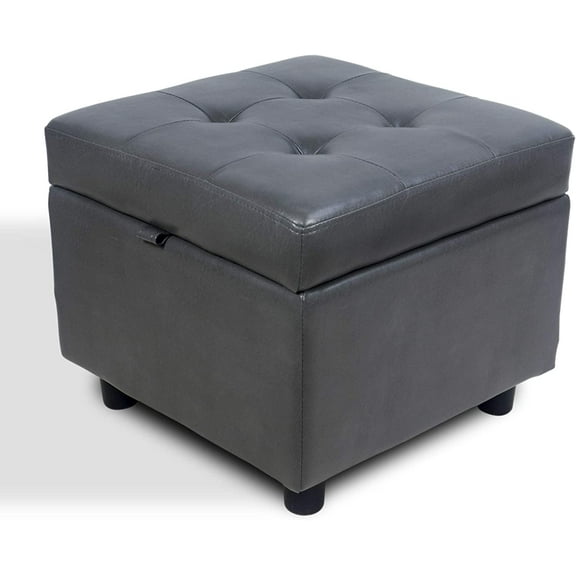 H&B Luxuries Tufted Leather Square Flip Top Storage Ottoman Cube Foot Rest (Grey with Storage)
