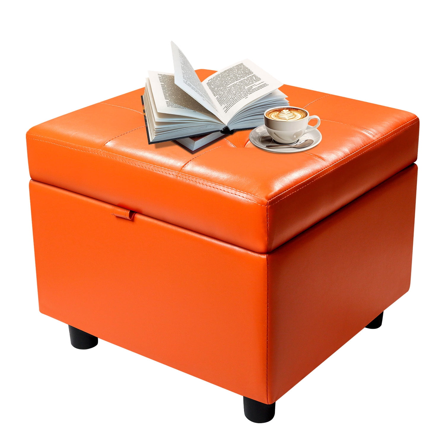 H&B Luxuries Tufted Leather Square Flip Top Storage Ottoman Cube Foot Rest (Orange with Storage)