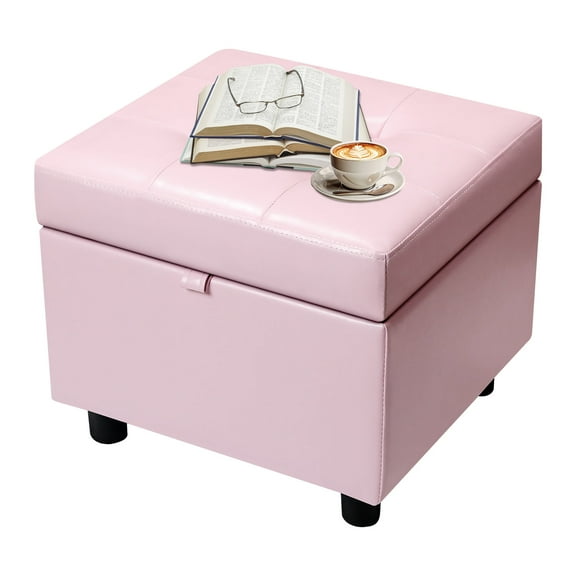 H&B Luxuries Tufted Leather Square Flip Top Storage Ottoman Cube Foot Rest (Pink with Storage)