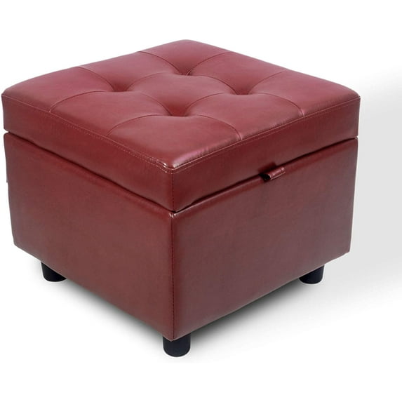 H&B Luxuries Tufted Leather Square Flip Top Storage Ottoman Cube Foot Rest (Red with Storage)