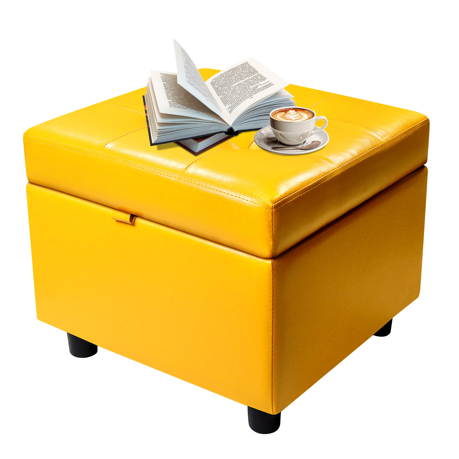 H&B Luxuries Tufted Leather Square Flip Top Storage Ottoman Cube Foot Rest (Yellow with Storage)