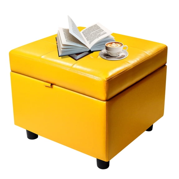 H&B Luxuries Tufted Leather Square Flip Top Storage Ottoman Cube Foot Rest (Yellow with Storage)