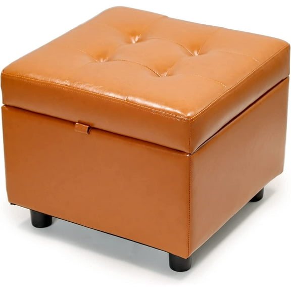 H&B Luxuries Tufted Leather Square Flip Top Storage Ottoman Cube Foot Rest